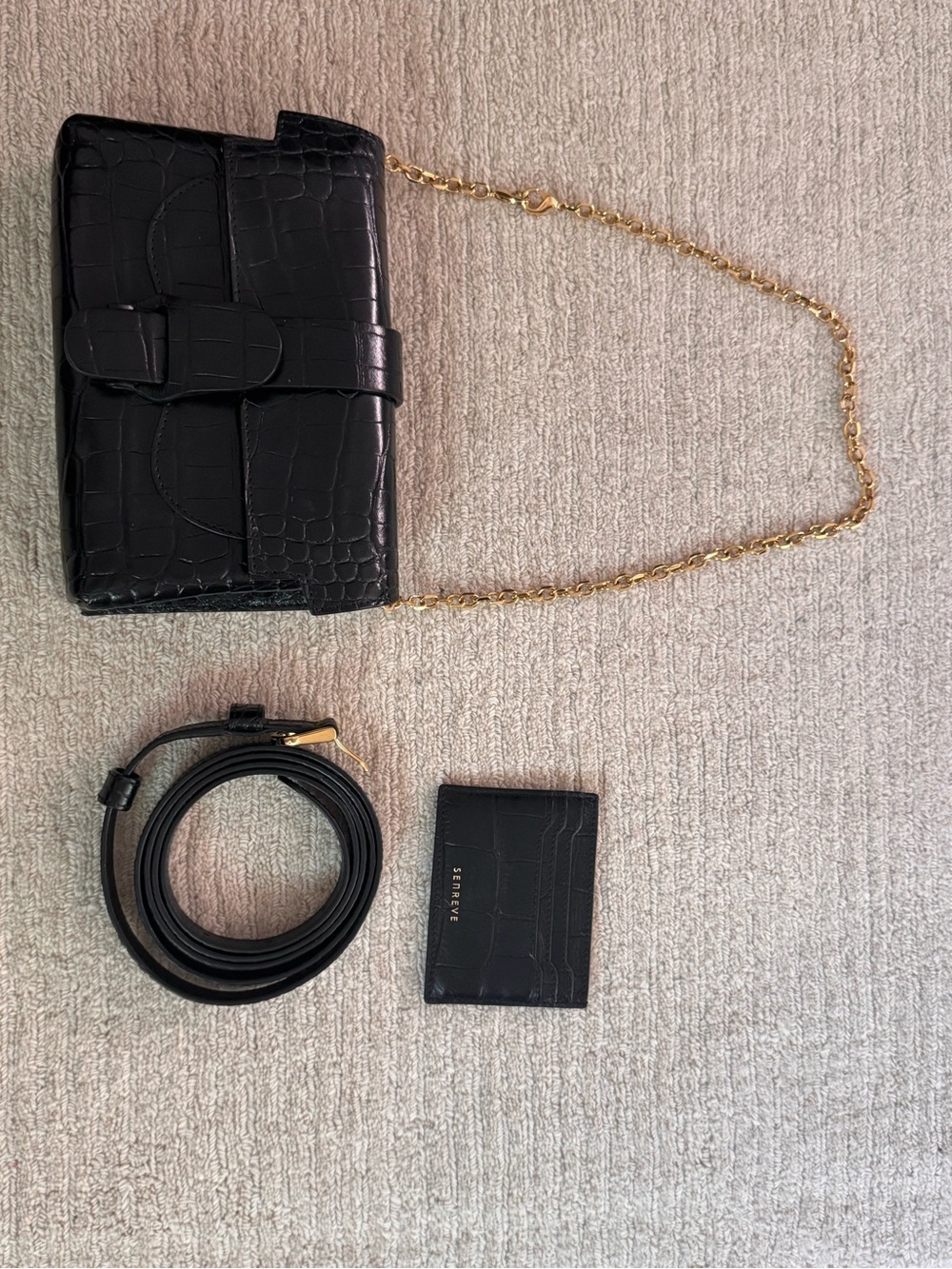 Senreve Aria Bag Black Croc-Embossed w/ Chain and Crossbody strap w/ Card Holder